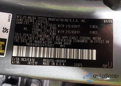 2025 Toyota Corolla Cross L z USA, uszkodzony, nr VIN 7MUAAABG5SV124837